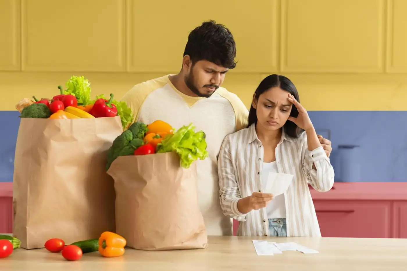 pareja colombiana mirando con preocupación boleta del supermercado por alta inflación