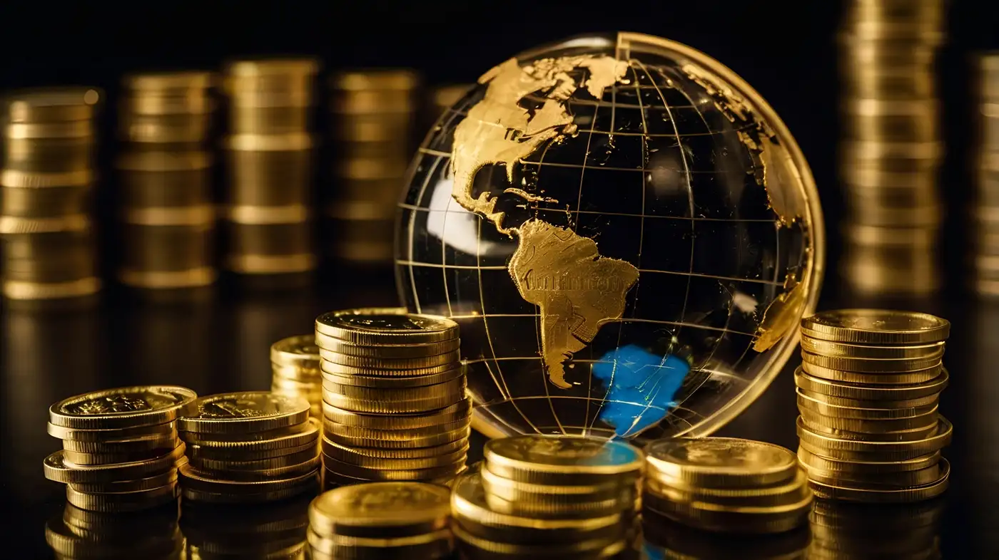 Latinoamérica en mapa dorado con monedas de oro representando inversión extranjera creciente