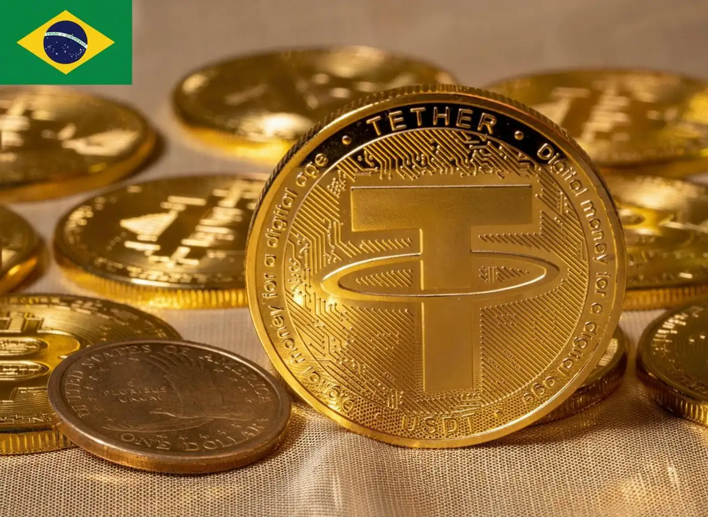 Moneda de stablecoin tether con bandera de Brasil en la esquina