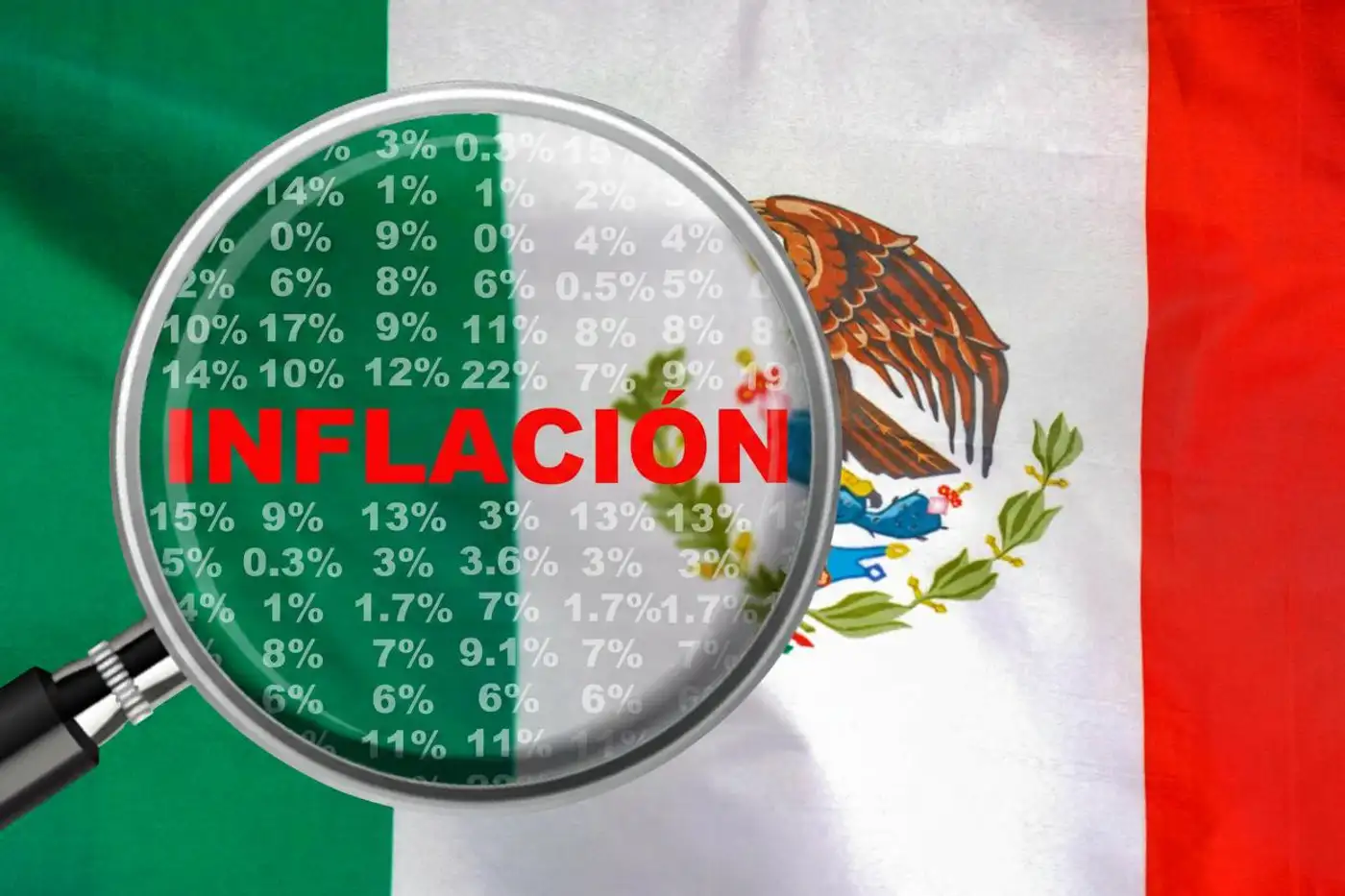 bandera de México y una lupa sobre ella mostrando la inflación en ese páis
