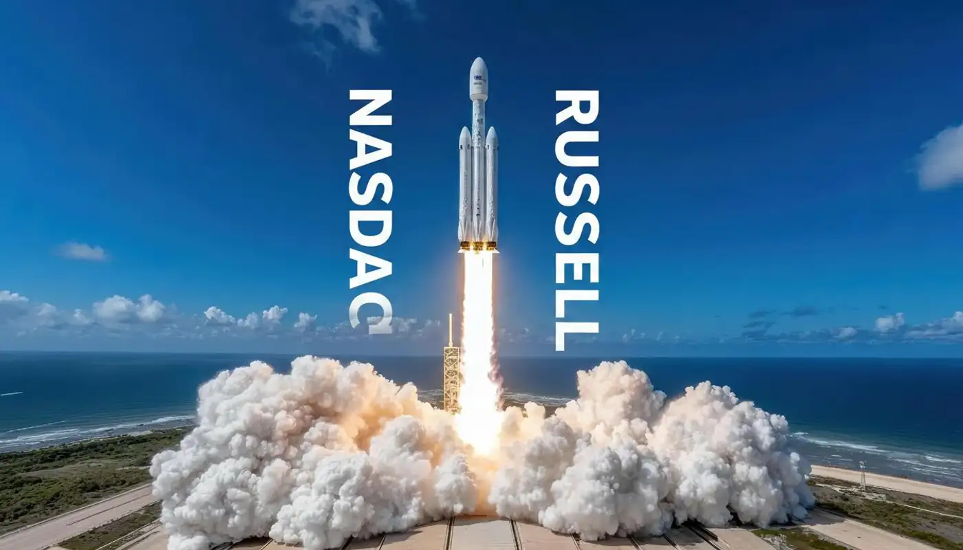 Cohete de SpaceX despegando y los símbolos del Nasdaq y Russell