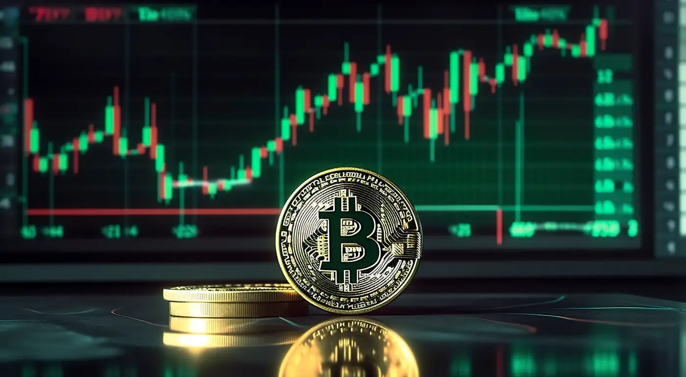 moneda de bitcoin y un gráfico de mercado de criptomonedas
