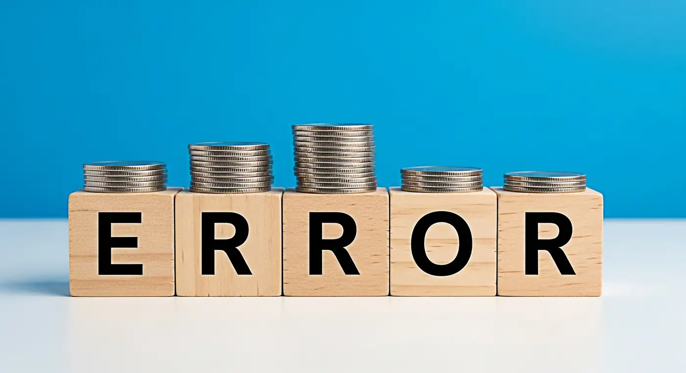 la palabra error sobre monedas representando error financiero