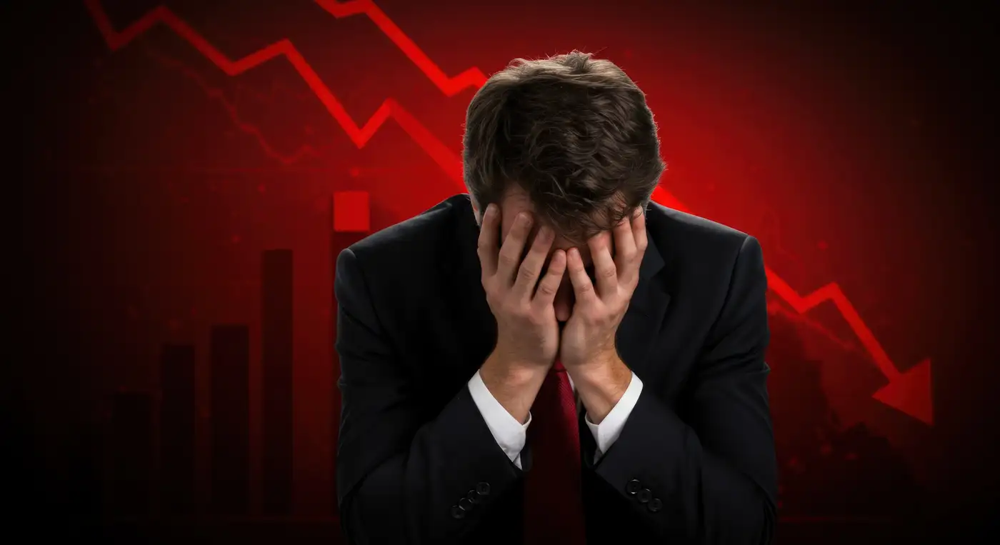 gráfico rojo y hombre lamentando pérdidas en inversiones