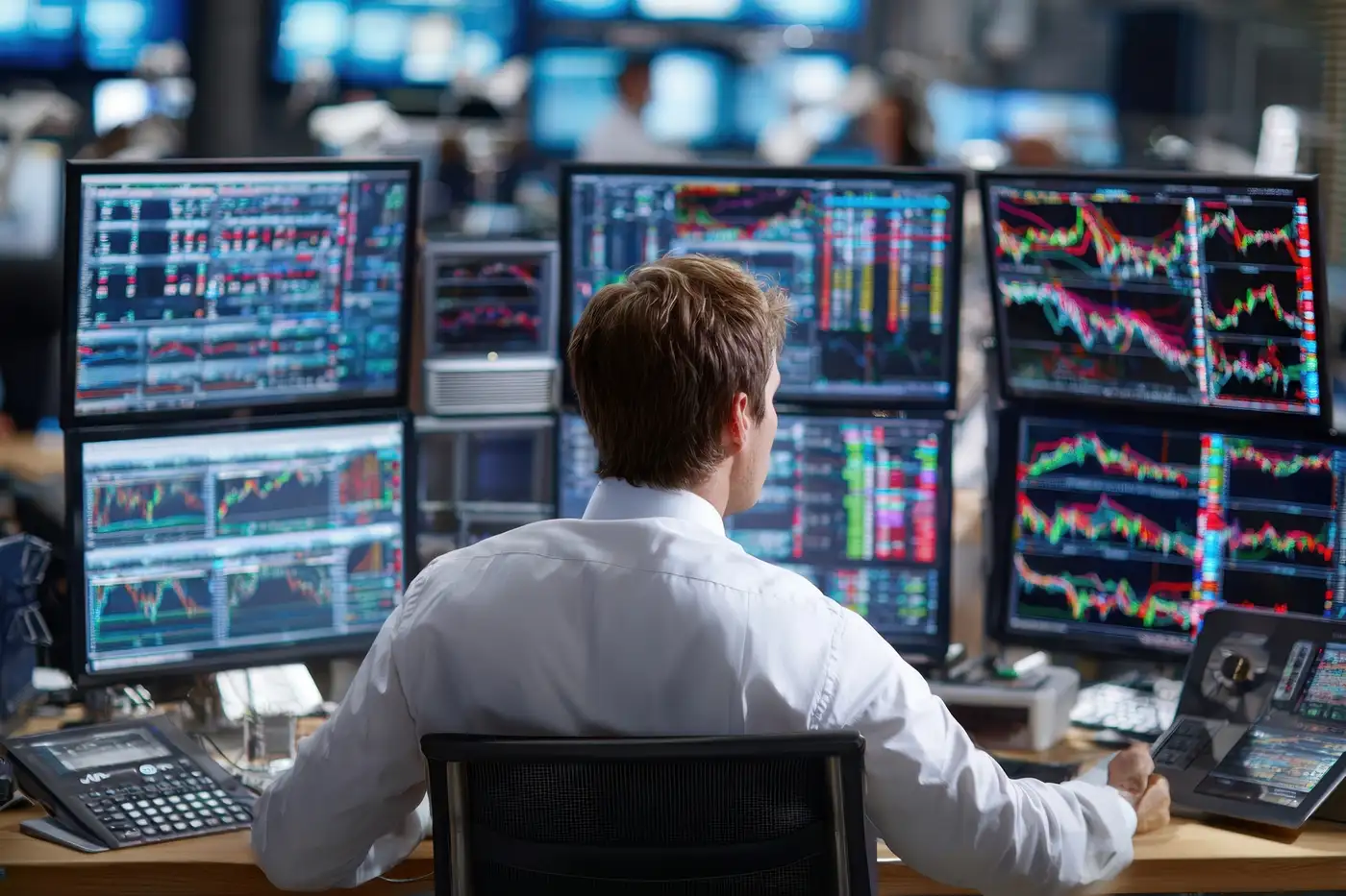 trader ejecuantdo inversiones especulativas en frente de varias pantallas de negociación