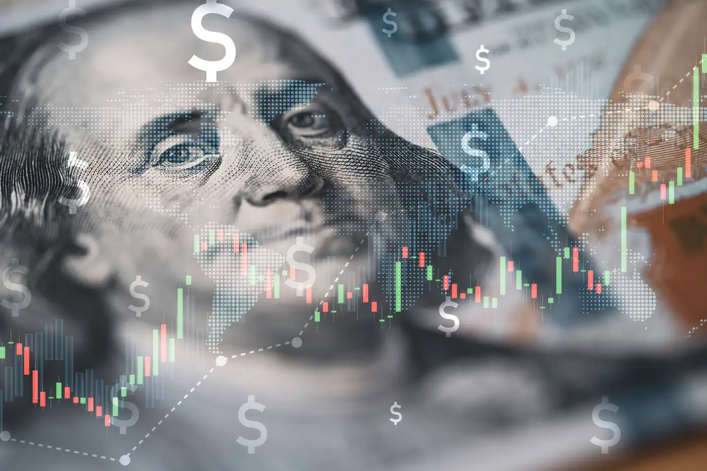 Gráfico de precios de monedas y al fondo un billete dólar