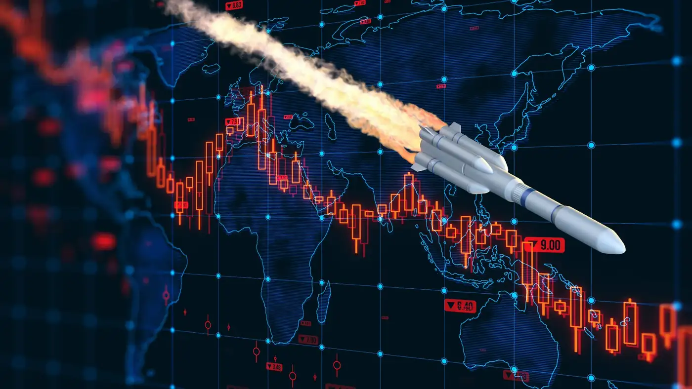 cohete espacial cayendo sobre gráfico de acción en rojo representando pérdidas