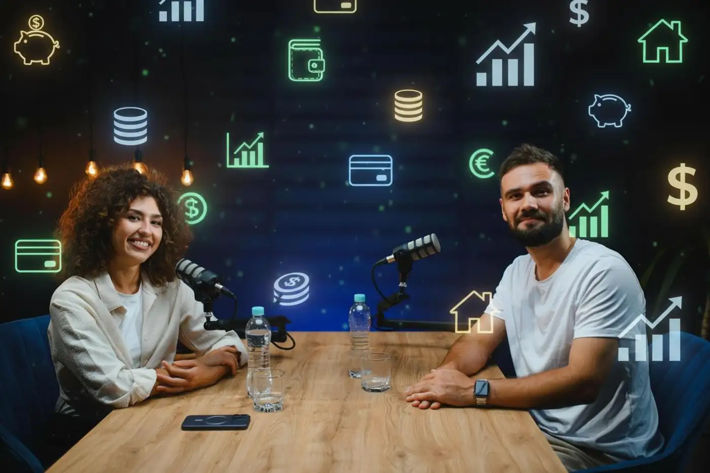 Dos creadores de contenido participando en un podcast de finanzas personales