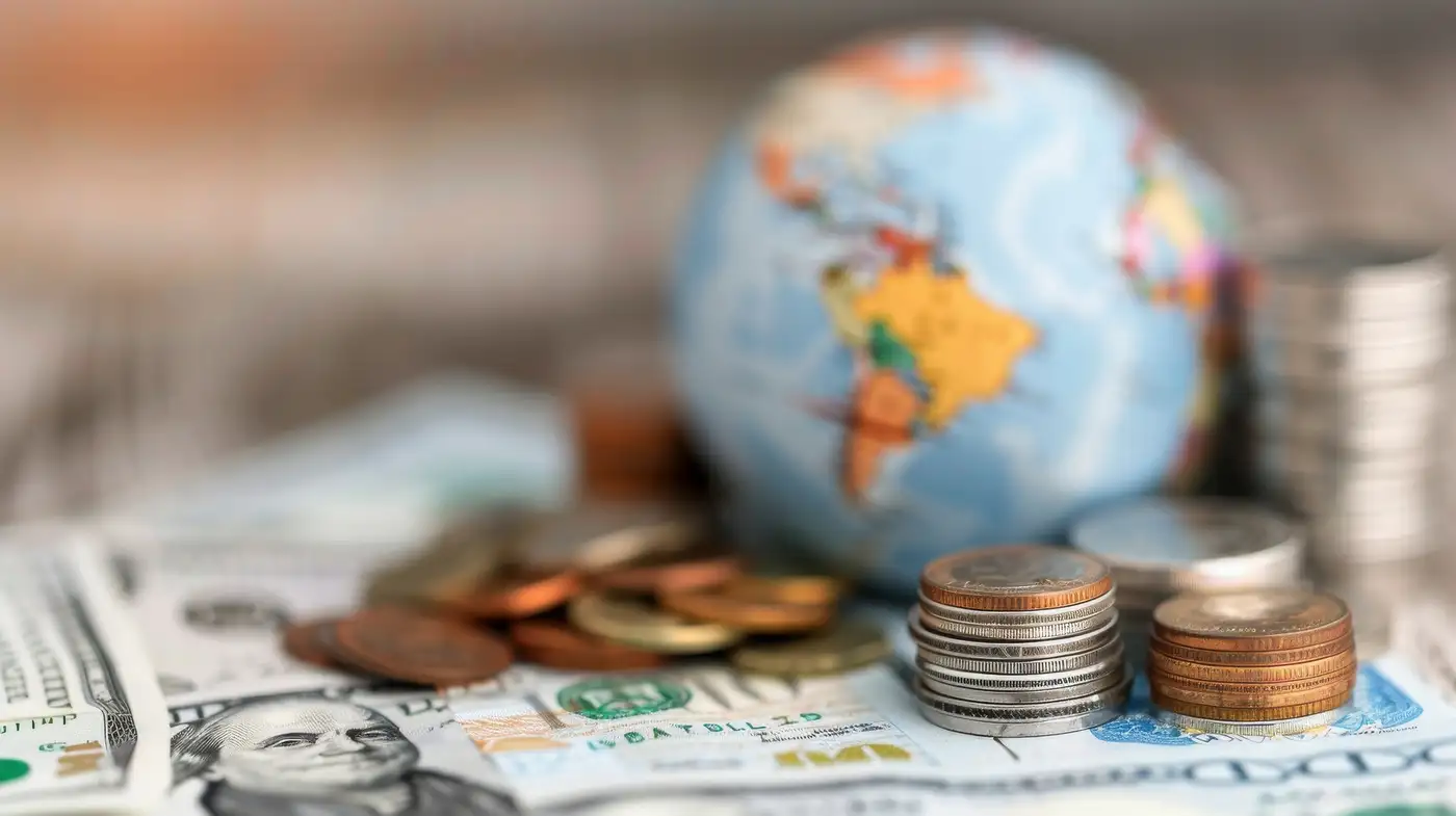 mapa de Latinoamérica sobre monedas y billetes de dólar representando la economía de la región