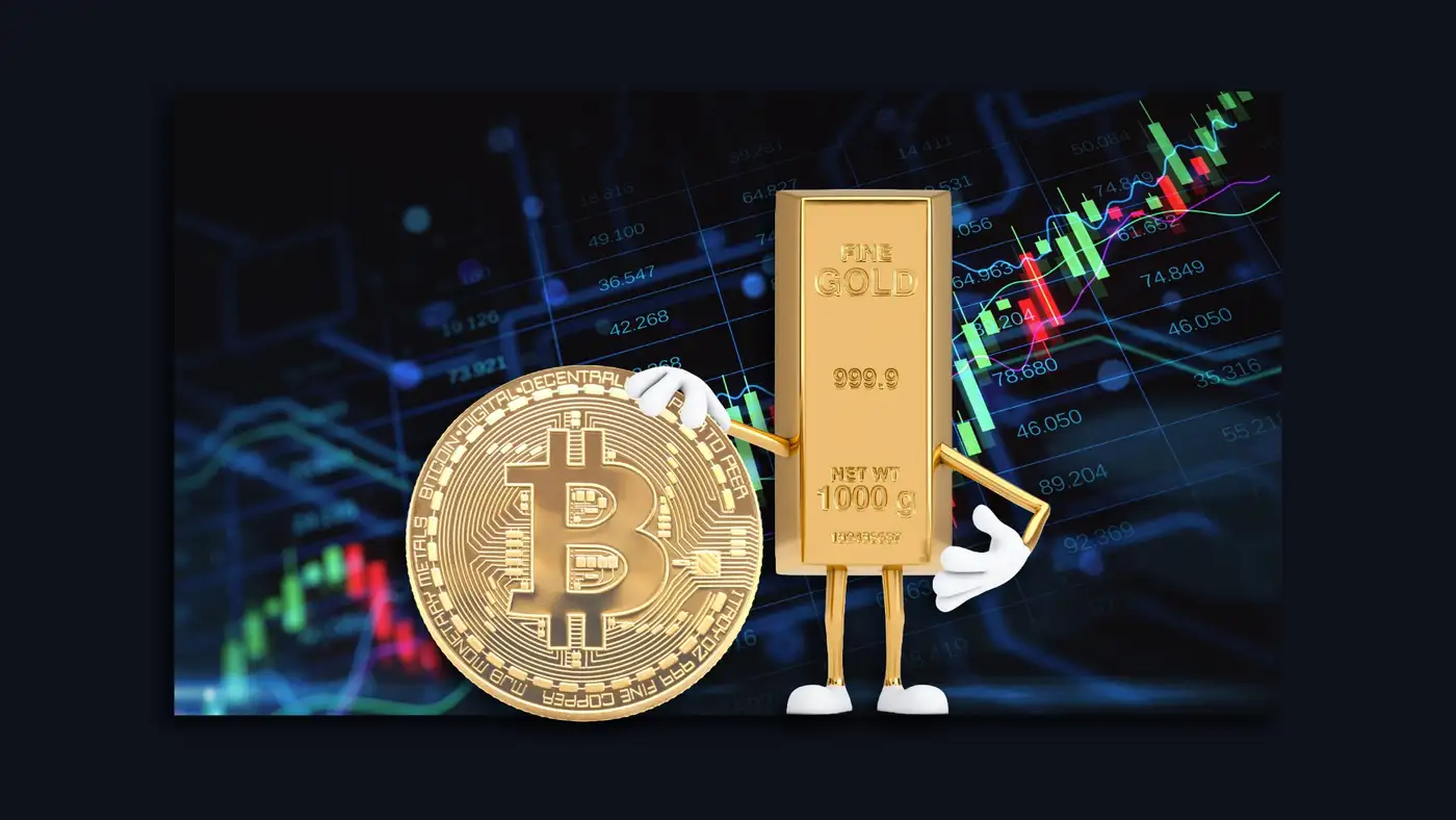 Comparativa visual entre una barra de oro físico y el símbolo de Bitcoin sobre fondo oscuro con gráficos de rentabilidad