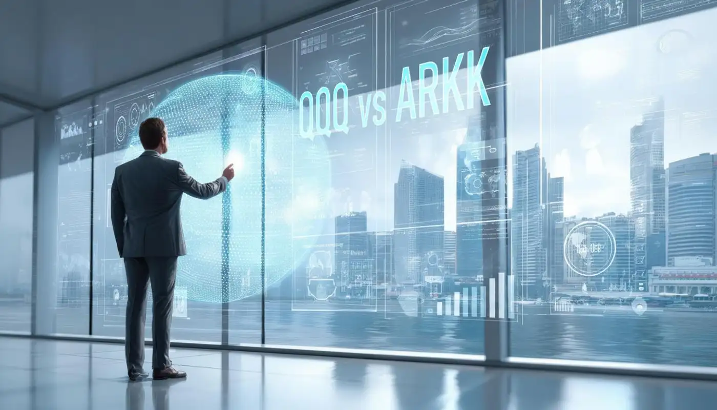 homnbre de negocios compara QQQ vs ARKK en dashboard digital