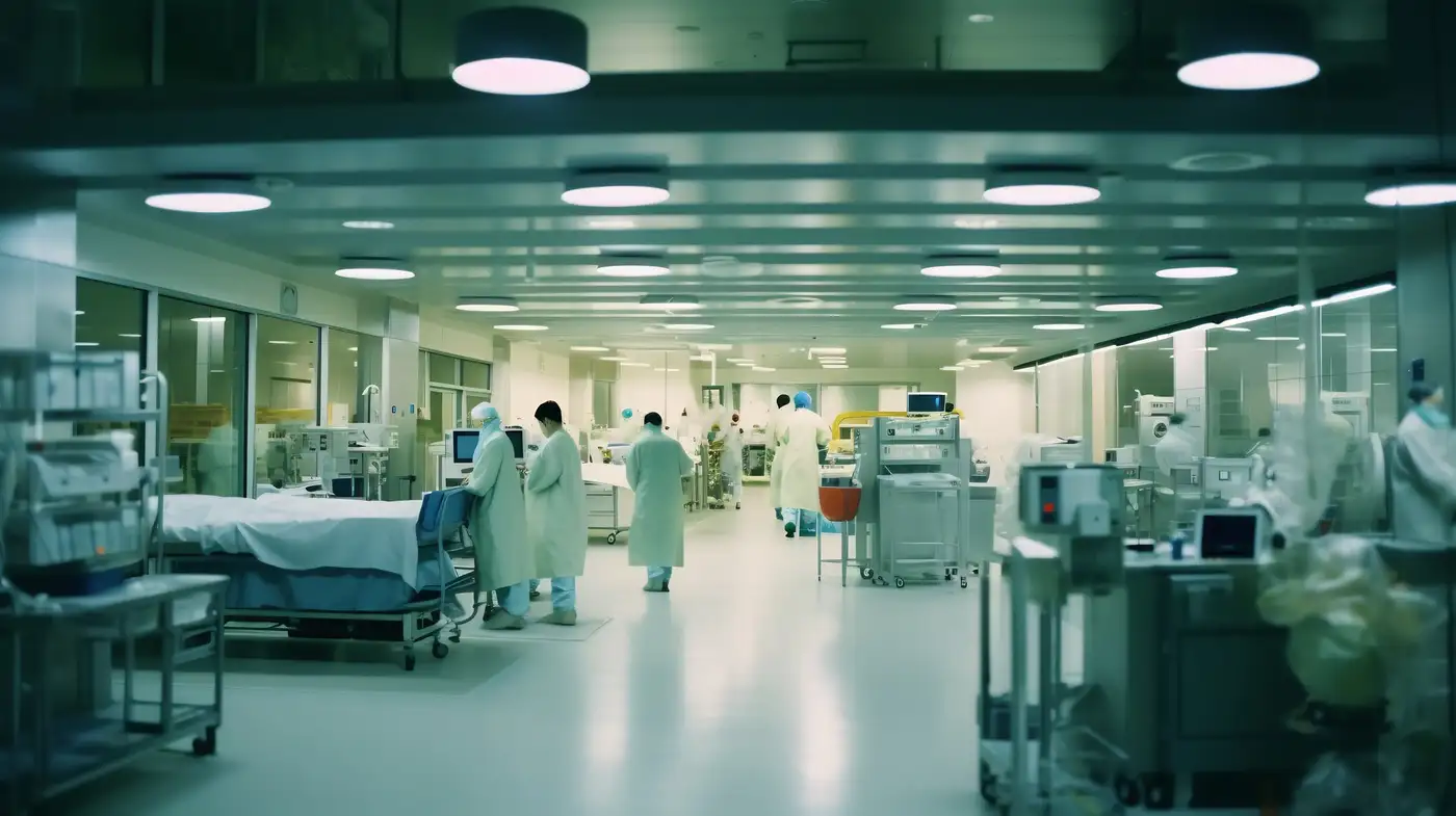 Pasillo de un hospital moderno con personal sanitario y equipos médicos, imagen del sector salud que representa el ETF XLV