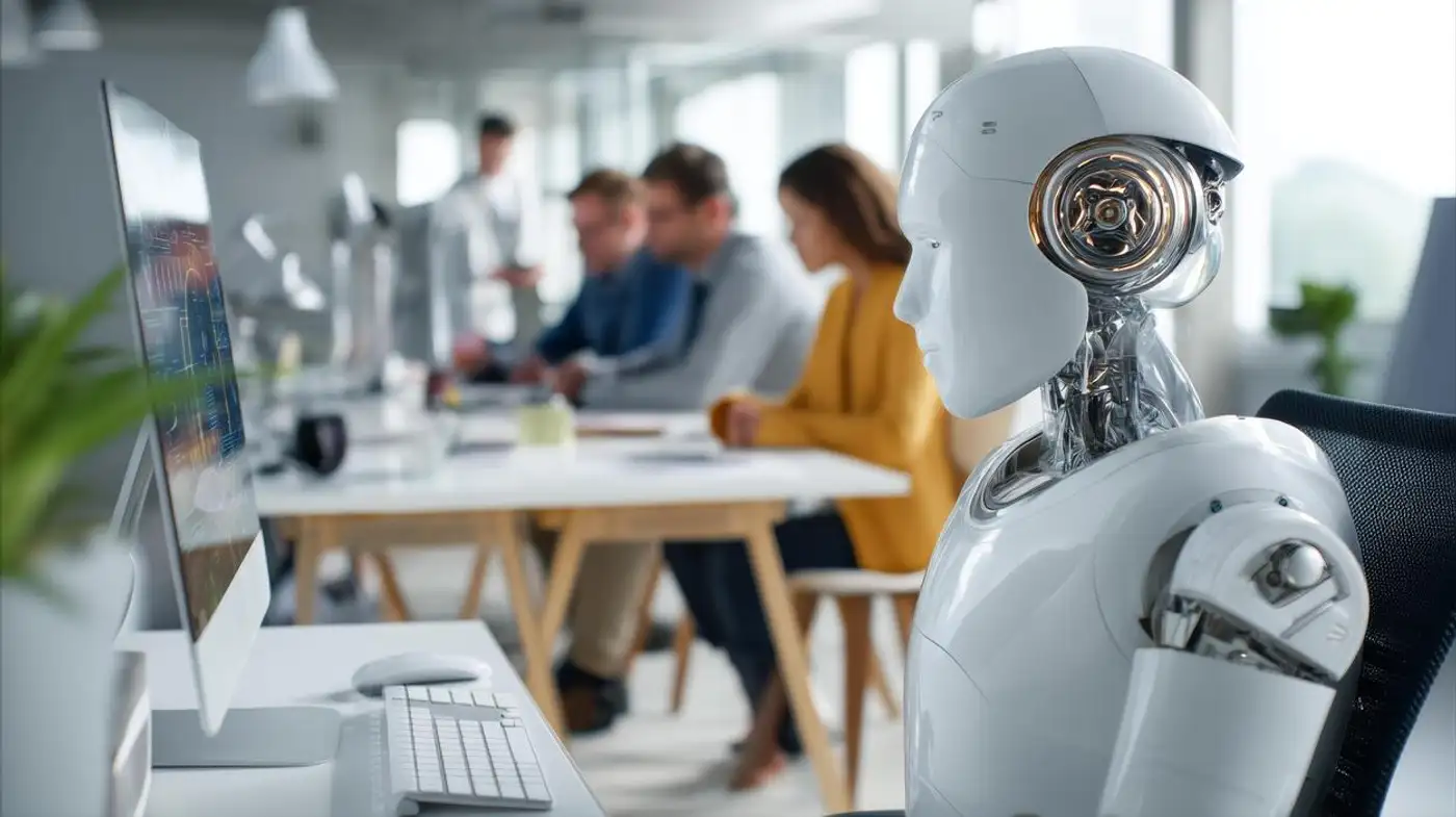 Profesional trabajando con herramientas de inteligencia artificial en oficina moderna